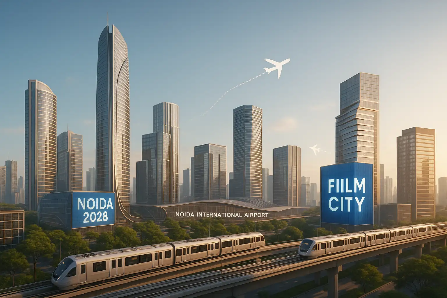 Futuristic wide-angle rendering of Noida's